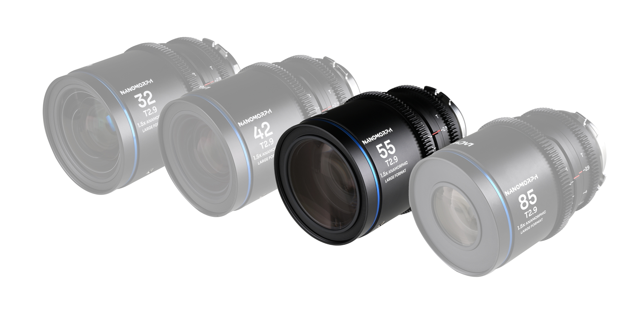 Obiektyw Laowa Nanomorph 55 mm T2,9 1,5x LF Blue do Arri PL / Canon EF obok wersji 32, 42 i 85 mm